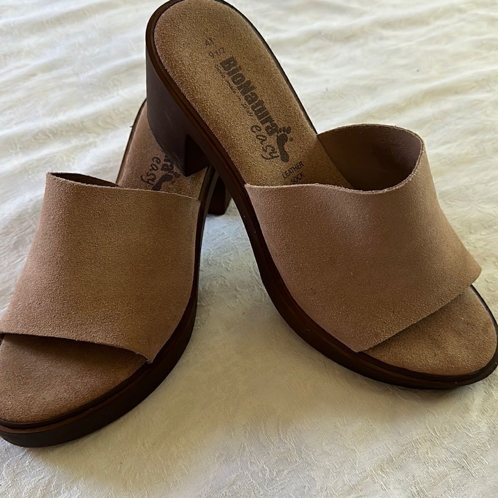 Bionatura Italian Shoes Slides Sandals Tan Leather Wood Size 9.5 or 41